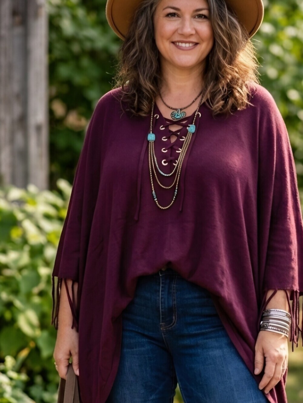 Chicos Monrovia Lace-up Fringe Poncho Shrug One Size Maroon Burgundy